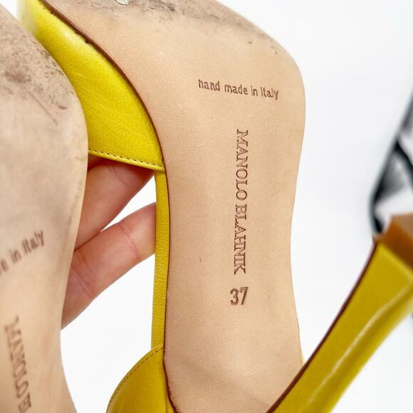 Manolo Blahnik Retro Yellow Risa Leather Peep Toe D'Orsay Heels size IT 37 - Picture 12 of 13